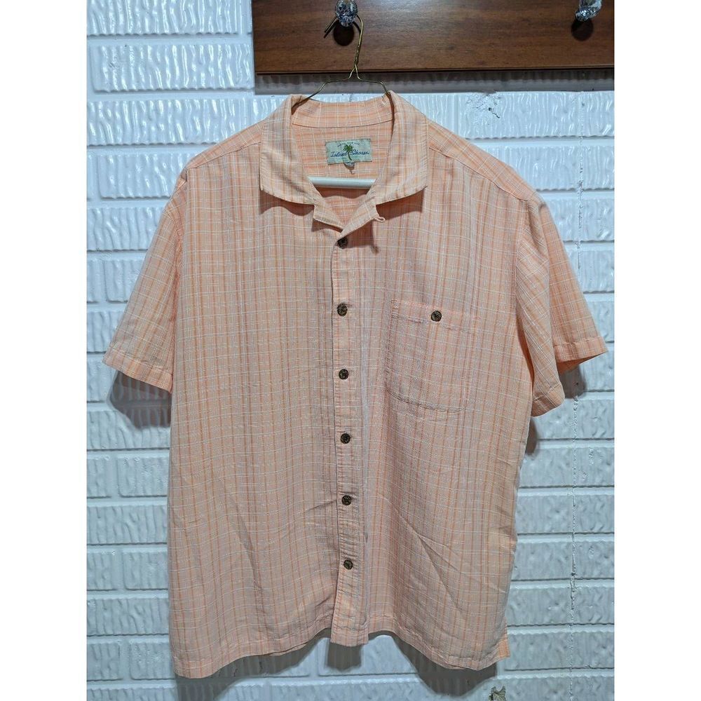 Island Shores Men's Peach Plaid Button Front Short Sleeve Shirt Size XL